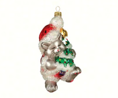 COBANEB110 - Margaret Cobane Hand Blown Glass Kitty's Christmas Grey Ornament