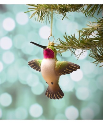 COBANEC448 - Margaret Cobane Hand Blown Glass Male Ruby Throated Hummingbird Flying Ornament