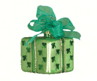 COBANEA282 - Margaret Cobane Hand Blown Glass Xmas Surprise Sq Shamrocks Ornament