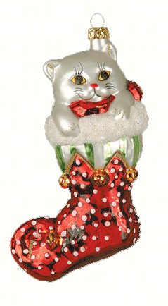 COBANEC215 - Margaret Cobane Hand Blown Glass Jingle Bell Kitty White with Red Stocking Ornament